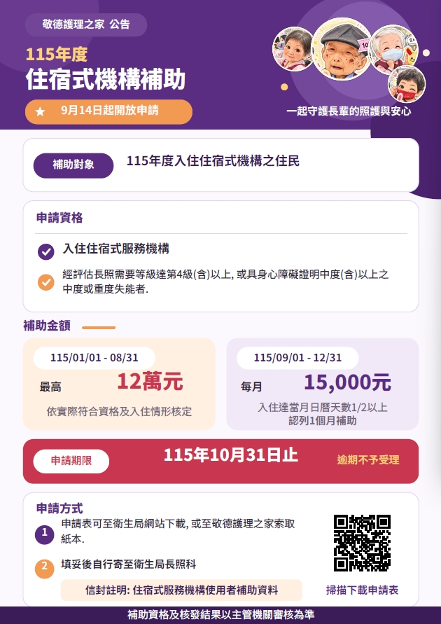 115年度住宿式服務機構使用者補助開始了哦